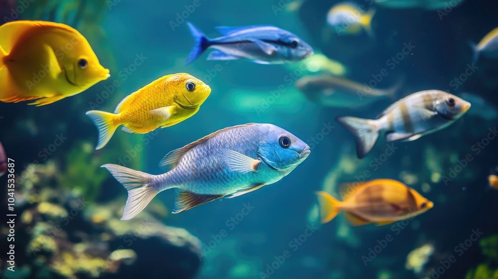 Fototapeta premium Diverse group of fish swimming together captured in an underwater scene from a low angle