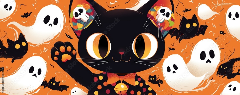 9 Smiling black cat in a Pop Art outfit with psychedelic skull earrings, giving a highfive, surrounded by Halloween ghosts and bats on an orange background 9 Smiling black cat in a Pop Art outfit with psychedelic skull earrings, giving a highfive, surrounded by Halloween ghosts and bats on an orange background