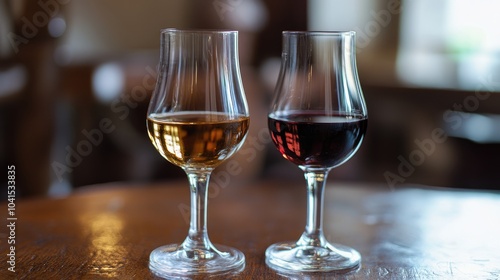 Glasses filled with white and ruby port wine photo