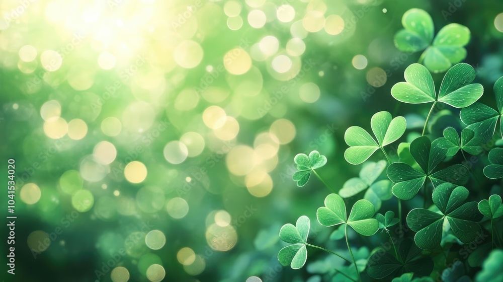 Clover leaves on a softly blurred green backdrop with bokeh lights Three leaved shamrocks symbolizing a festive celebration Ideal for card invitation or banner design Clover leaves on a softly blurred green backdrop with bokeh lights Three leaved shamrocks symbolizing a festive celebration Ideal for card invitation or banner design