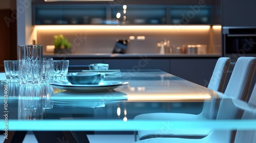 Wallpaper Mural Contemporary Glass Table Set Against a Modern Kitchen Backdrop Ideal for Product Display Torontodigital.ca