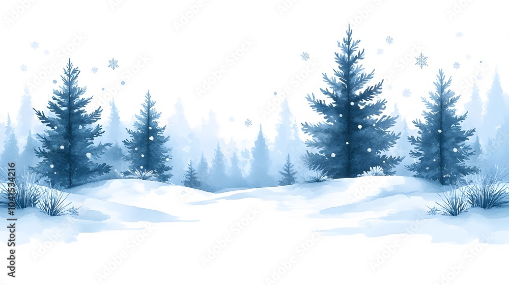 Naklejka premium A snowy winter forest with tall evergreens in a soft watercolor style, snowflakes floating in the air, creating a calming winter background