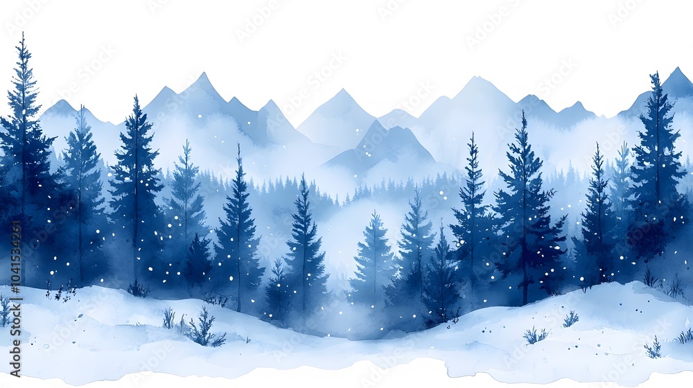 Fototapeta premium Watercolor landscape of a winter forest with misty trees, soft snowfall, and a peaceful atmosphere, ideal for a winter background