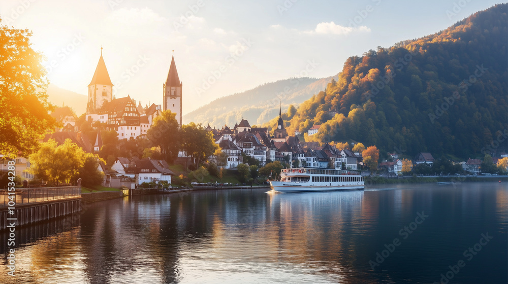 Naklejka premium A large cruise ship is sailing on a river near a town. The sun is shining brightly, creating a warm and inviting atmosphere. The boat is surrounded by trees and houses, giving the scene a peaceful