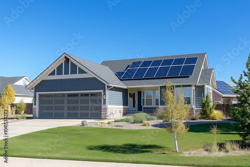 Modern Solar Panels Installed on a Colorado Springs Home Under Clear Blue Sunny Sky, Solar Photography, Solar Powered Clean Energy, Sustainable Resources, Electricity Source