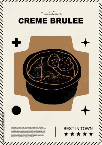 French creme brulee. Price tag or poster design. Set of vector illustrations. Typography. Engraving style. Labels, cover, t-shirt print, painting.