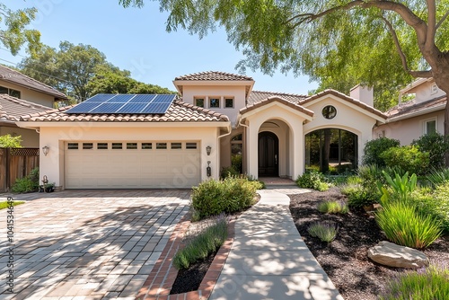 Modern Solar Panels Installed on a Fresno California Home Under Clear Blue Sunny Sky, Solar Photography, Solar Powered Clean Energy, Sustainable Resources, Electricity Source