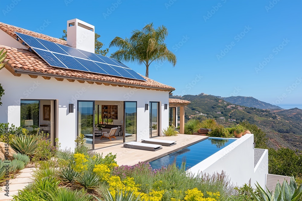 Fototapeta premium Modern Solar Panels Installed on a Hollywood Hills California Home Under Clear Blue Sunny Sky, Solar Photography, Solar Powered Clean Energy, Sustainable Resources, Electricity Source