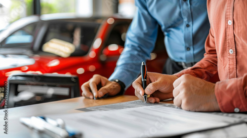 Signing paperwork for a new car at a dealership during the day, with two people discussing terms and conditions