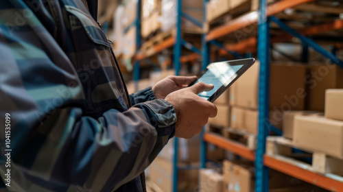 Warehouse worker reviewing package details on a tablet while standing between storage shelves in the afternoon light photo