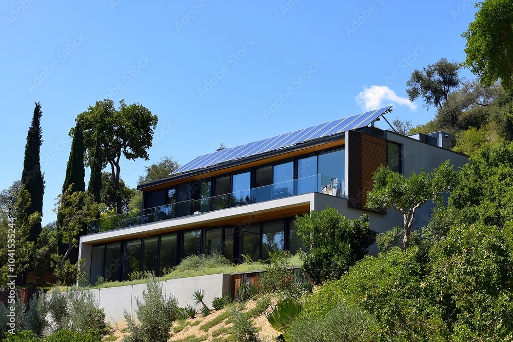 Modern Solar Panels Installed on a Hollywood Hills California Home Under Clear Blue Sunny Sky, Solar Photography, Solar Powered Clean Energy, Sustainable Resources, Electricity Source Modern Solar Panels Installed on a Hollywood Hills California Home Under Clear Blue Sunny Sky, Solar Photography, Solar Powered Clean Energy, Sustainable Resources, Electricity Source