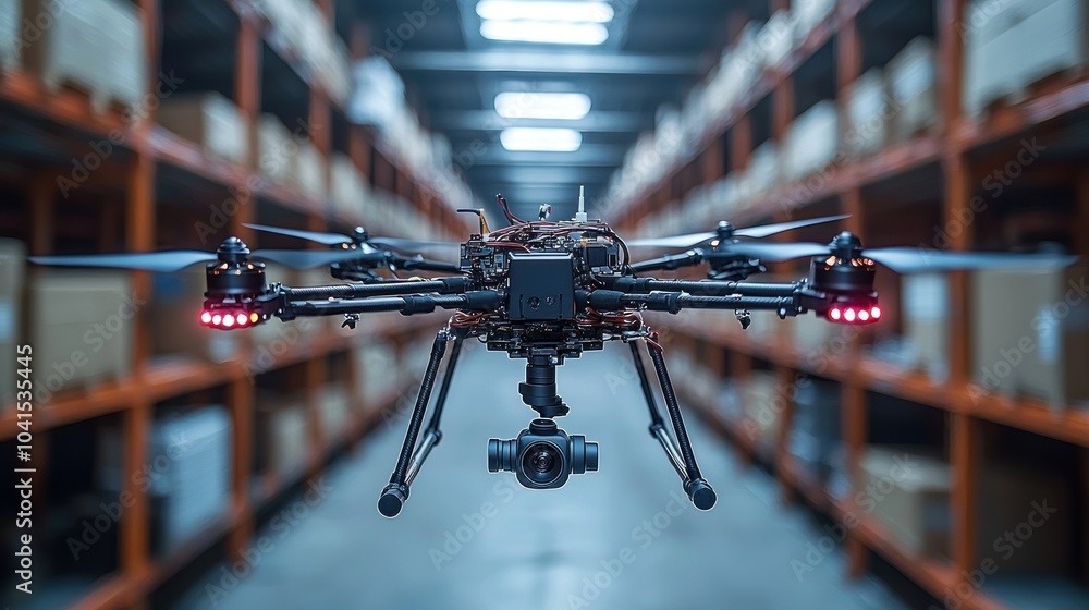Black Drone with Camera Flying Through a Warehouse Black Drone with Camera Flying Through a Warehouse