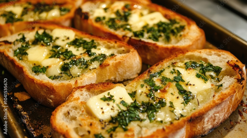 Hot Garlic Bread Topped with Melted Butter and Herbs on a Countertop Hot Garlic Bread Topped with Melted Butter and Herbs on a Countertop