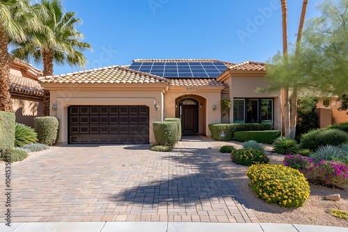Modern Solar Panels Installed on a Las Vegas Nevada Home Under Clear Blue Sunny Sky, Solar Photography, Solar Powered Clean Energy, Sustainable Resources, Electricity Source