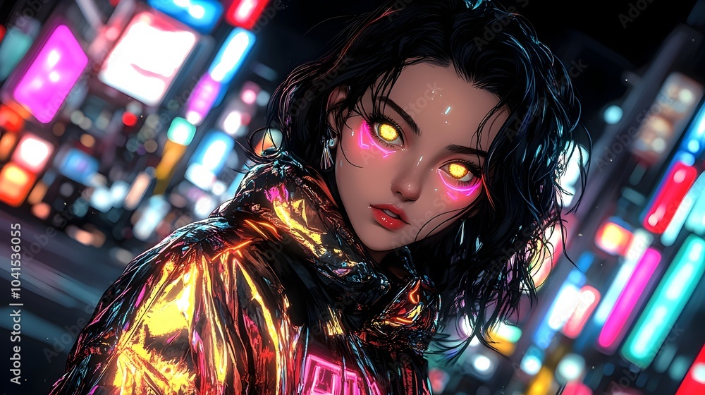 Fototapeta premium Anime Protagonist in Vibrant Neon Metropolis Landscape