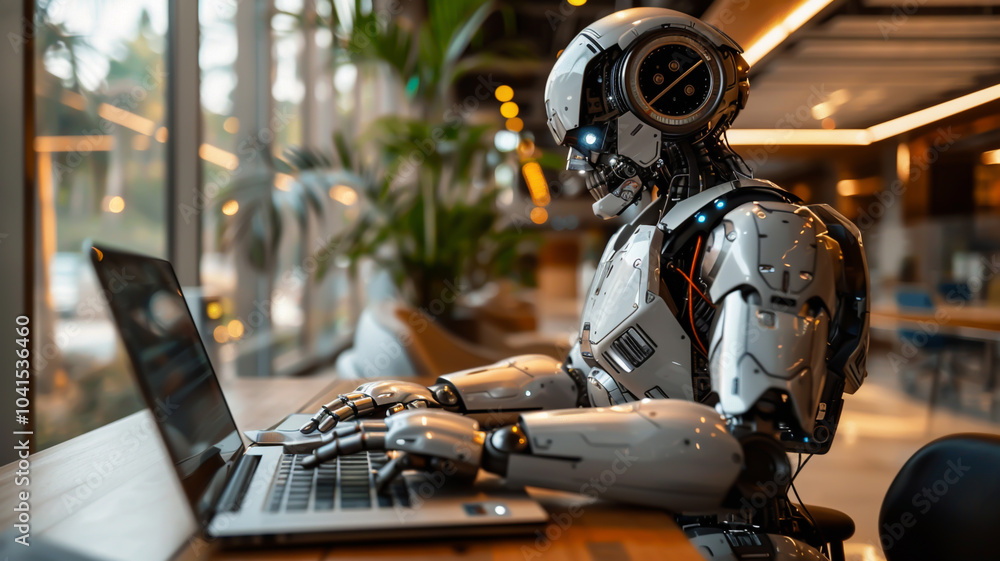 A humanoid robot working on a laptop in a modern office filled with greenery, representing the use of advanced AI and robotics in professional workspaces for increased efficiency A humanoid robot working on a laptop in a modern office filled with greenery, representing the use of advanced AI and robotics in professional workspaces for increased efficiency