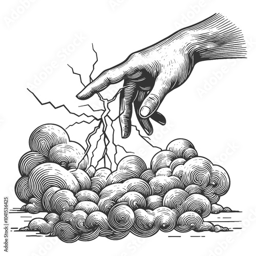 God hand reaching down, unleashing lightning from swirling clouds in a woodcut style sketch engraving generative ai vector illustration. Scratch board imitation. Black and white image.