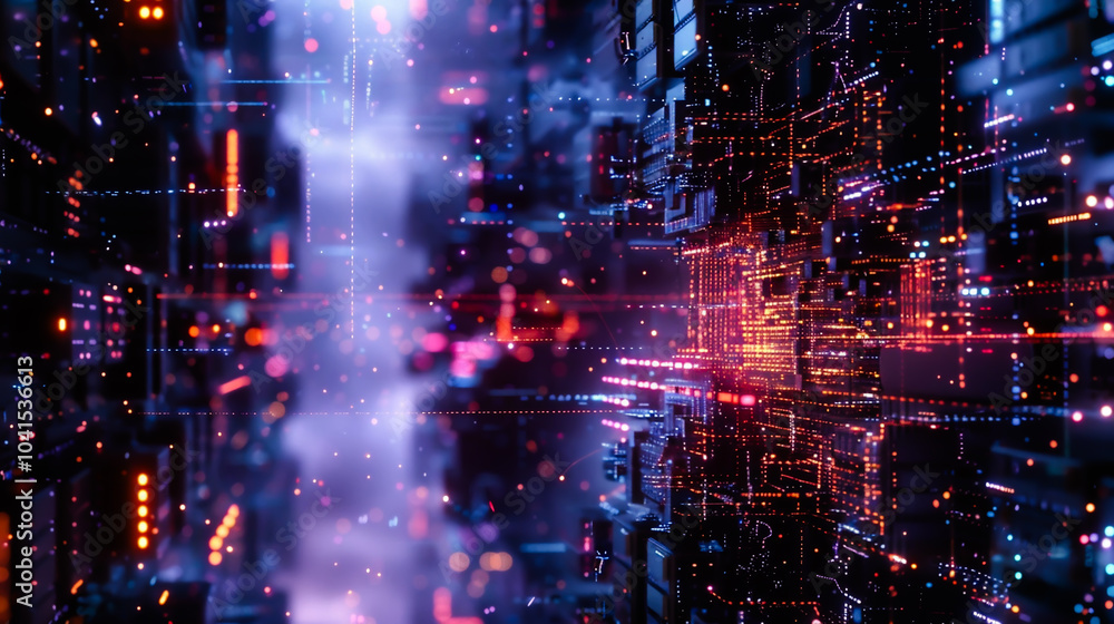 Fototapeta premium A futuristic 4K abstract background with glowing orange, pink, and blue circuitry patterns, featuring a grainy texture and blurred elements for a modern tech design