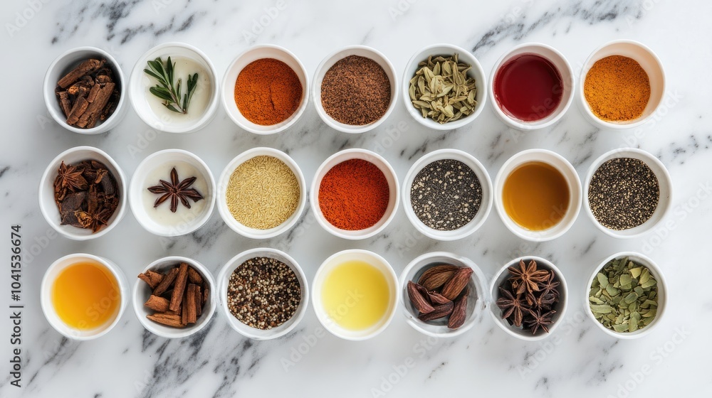 Spiced ingredients arranged in cups viewed from above Spiced ingredients arranged in cups viewed from above