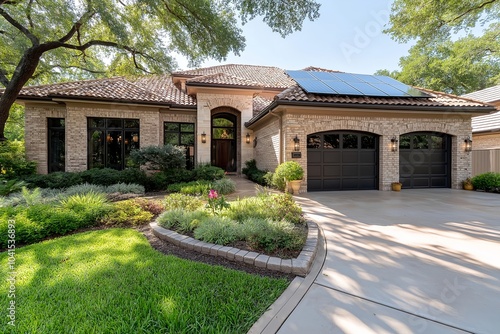 Modern Solar Panels Installed on a San Antonio Texas Home Under Clear Blue Sunny Sky, Solar Photography, Solar Powered Clean Energy, Sustainable Resources, Electricity Source photo