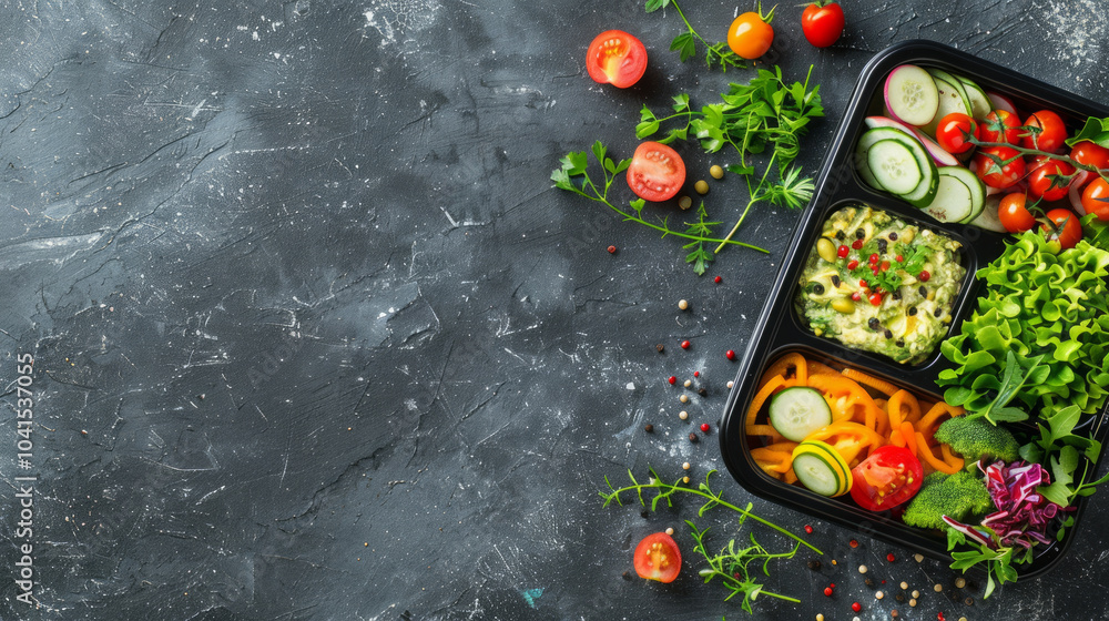 Healthy lunchbox with fresh vegetables, nuts, and dips arranged neatly on a contrasting dark surface Healthy lunchbox with fresh vegetables, nuts, and dips arranged neatly on a contrasting dark surface