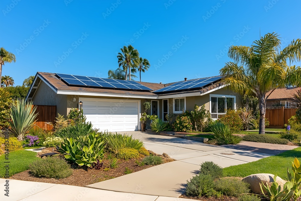 Modern Solar Panels Installed on a San Diego California Home Under Clear Blue Sunny Sky, Solar Photography, Solar Powered Clean Energy, Sustainable Resources, Electricity Source Modern Solar Panels Installed on a San Diego California Home Under Clear Blue Sunny Sky, Solar Photography, Solar Powered Clean Energy, Sustainable Resources, Electricity Source