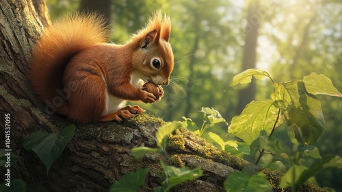 A red squirrel sits with its head down on a tree holding a nut with its forepaws amidst a backdrop of lush greenery photo