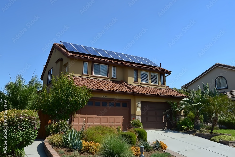 Fototapeta premium Modern Solar Panels Installed on a San Jose California Home Under Clear Blue Sunny Sky, Solar Photography, Solar Powered Clean Energy, Sustainable Resources, Electricity Source