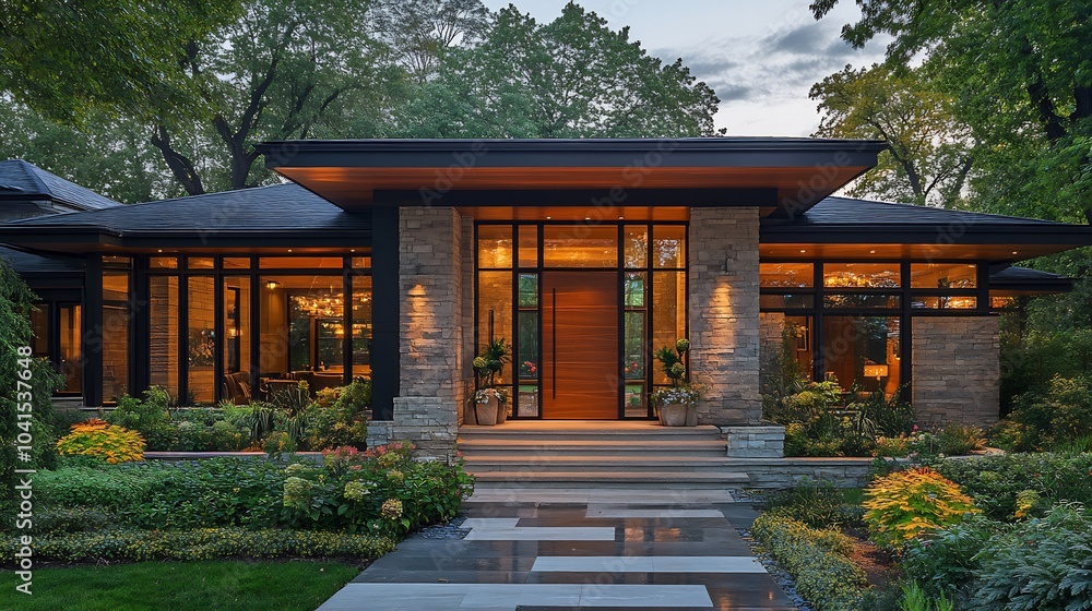Contemporary front door crafted from rich wood and adorned with stylish glass panels positioned against a beautifully landscaped entrance showcasing the home's charm before entry