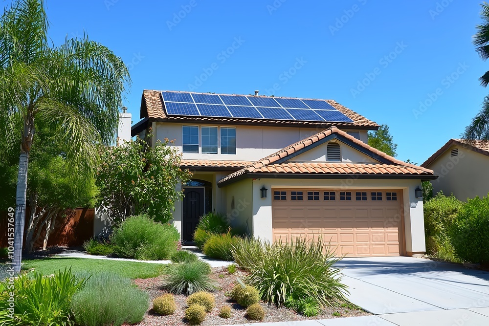 Fototapeta premium Modern Solar Panels Installed on a San Jose California Home Under Clear Blue Sunny Sky, Solar Photography, Solar Powered Clean Energy, Sustainable Resources, Electricity Source