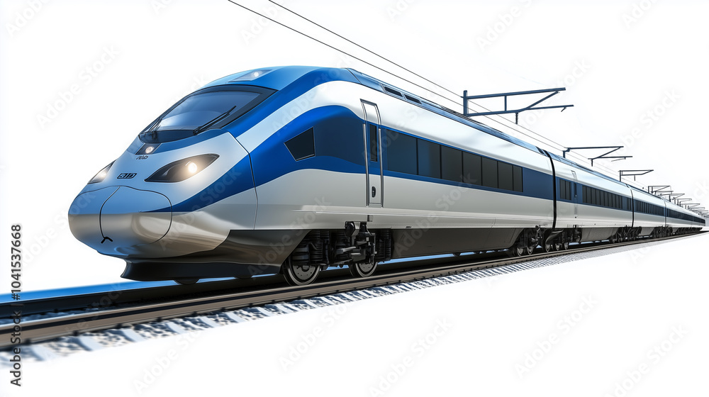 Fototapeta premium blue white high-speed train zooming along tracks isolated on white background