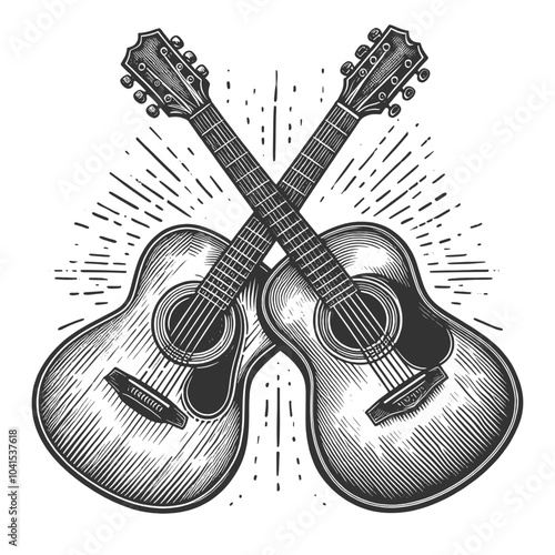 crossed acoustic guitars, symbolizing music, unity, and celebration in classic art sketch engraving generative ai vector illustration. Scratch board imitation. Black and white image.