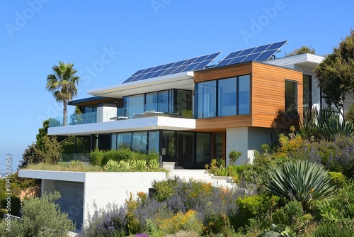 Modern Solar Panels Installed on a Santa Monica California Home Under Clear Blue Sunny Sky, Solar Photography, Solar Powered Clean Energy, Sustainable Resources, Electricity Source