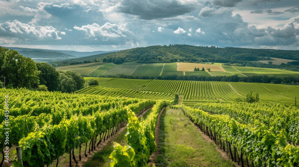 Lush vineyard landscape under a dramatic sky with rolling hills and expansive fields in mid-afternoon light Lush vineyard landscape under a dramatic sky with rolling hills and expansive fields in mid-afternoon light