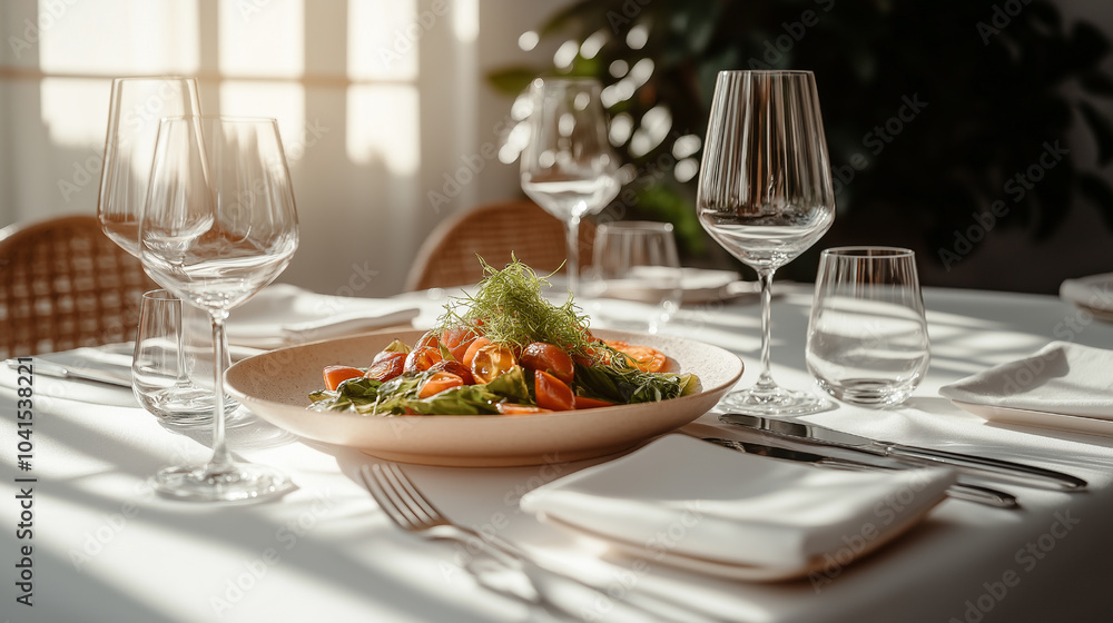 Fototapeta premium Elegant table setting with a fresh vegetable salad served in a bright, airy restaurant.