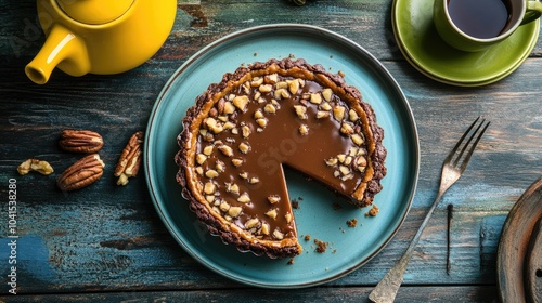 Delicious round salted caramel cake on a blue plate accompanied by a fork yellow teapot and green cup Indulgent caramel chocolate tart garnished with nuts photo