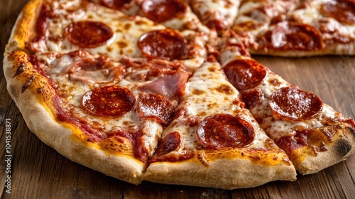 A mouthwatering pepperoni pizza with savory slices of pepperoni, perfectly melted cheese, and a golden crust, served on a rustic wooden surface. photo