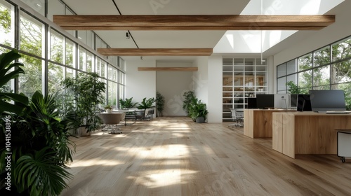 A spacious and bright open-plan office filled with natural light, lush greenery, sleek wooden furniture, and modern workstations, creating a refreshing workspace.