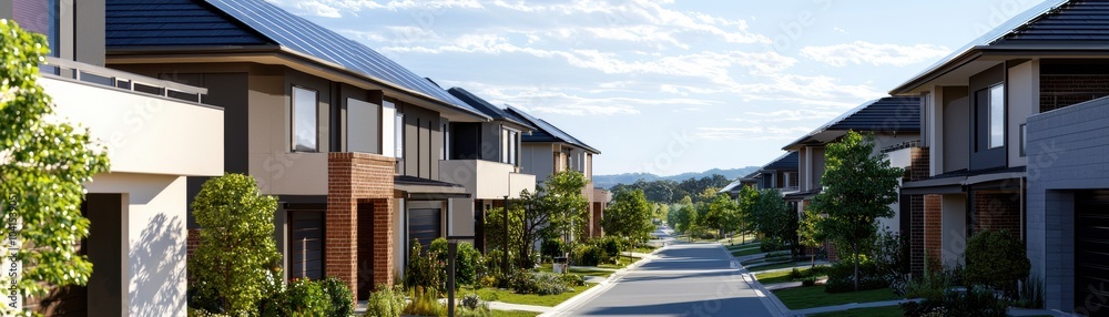 Modern residential street with houses and greenery under a clear blue sky. Modern residential street with houses and greenery under a clear blue sky.
