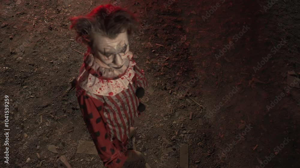 Crazy creepy killer man dressed as clown with makeup at attic in ruined house walks and looks around, top view. Halloween thriller concept. Crazy creepy killer man dressed as clown with makeup at attic in ruined house walks and looks around, top view. Halloween thriller concept.
