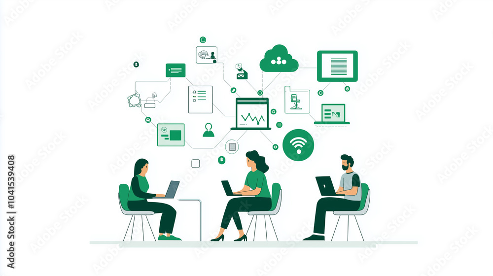 Illustration of professionals using cloud technology for seamless digital teamwork, remote collaboration, and efficient virtual communication in a business context. Illustration of professionals using cloud technology for seamless digital teamwork, remote collaboration, and efficient virtual communication in a business context.