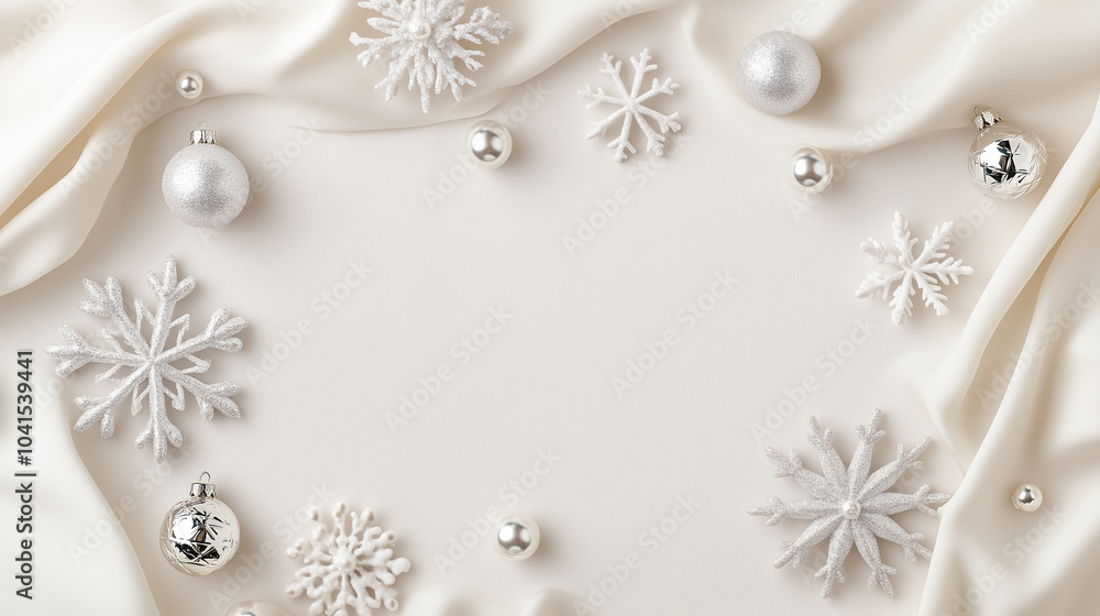 Elegant white Christmas decorations on soft fabric backdrop Elegant white Christmas decorations on soft fabric backdrop