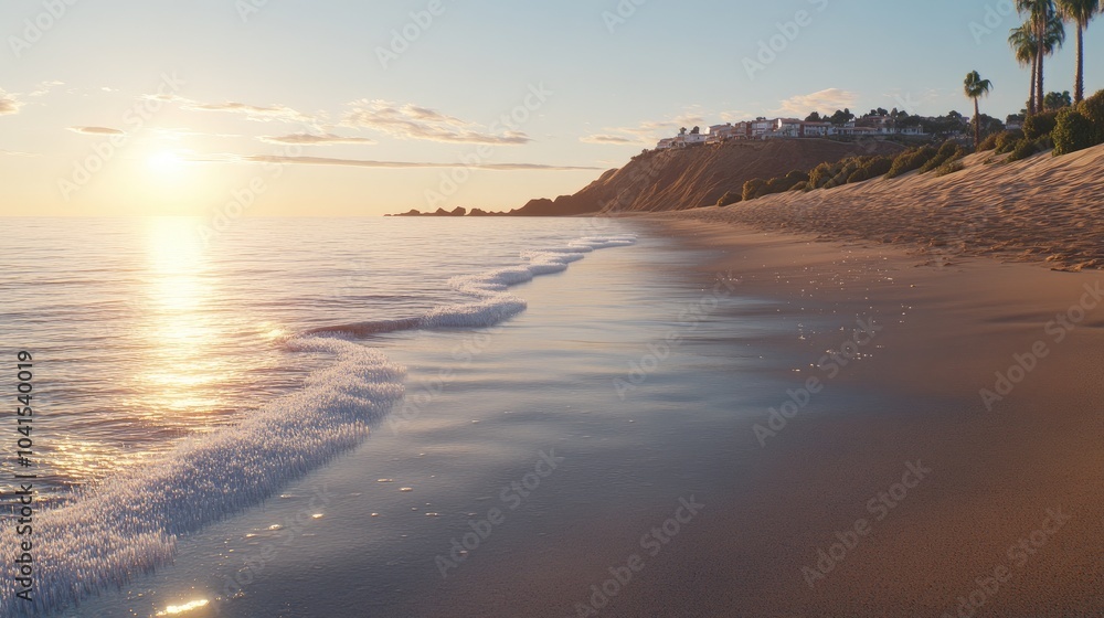 The sun sets over Mykonos beach, casting vibrant colors and soft waves against a serene shoreline, creating a tranquil atmosphere The sun sets over Mykonos beach, casting vibrant colors and soft waves against a serene shoreline, creating a tranquil atmosphere