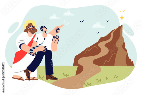 Jesus christ shows way to businessman, supporting entrepreneur on path to success