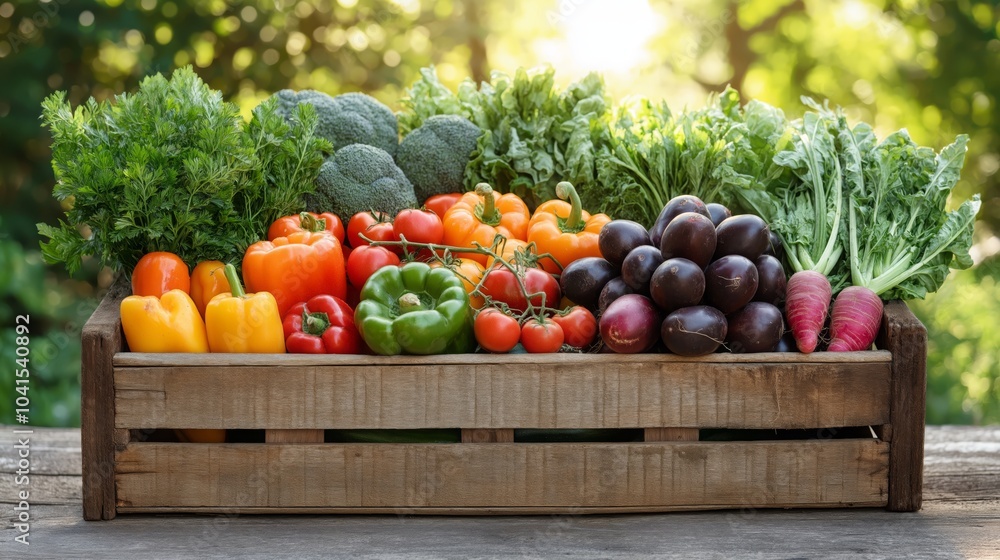 Fresh Organic Vegetables in Wooden Crate on Rustic Table Outdoors. Fresh Organic Vegetables in Wooden Crate on Rustic Table Outdoors.