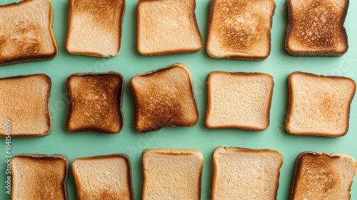 An assortment of evenly toasted bread slices neatly arranged on a pastel green background, showcasing a variety of golden-brown shades and patterns.