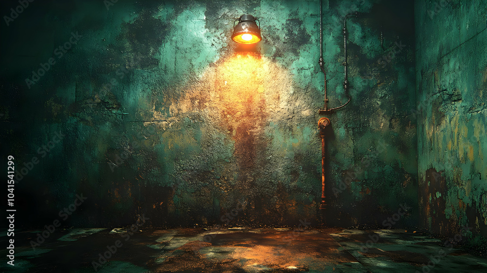 Dark Green Grunge Wall with Light and Pipes Background Dark Green Grunge Wall with Light and Pipes Background
