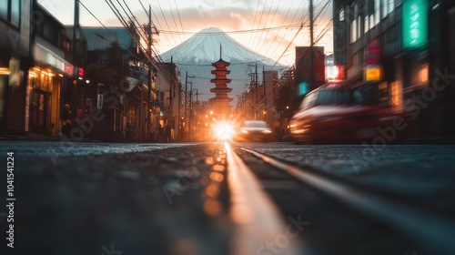 This dynamic image captures a motion-blurred city street leading to a distant mountain at sunset, showcasing the vibrant energy and beauty of urban life and nature. photo