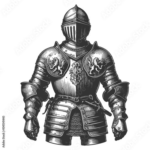 medieval knight in full plate armor, classic armor design with lion emblems sketch engraving generative ai fictional character vector illustration. Scratch board imitation. Black and white image.