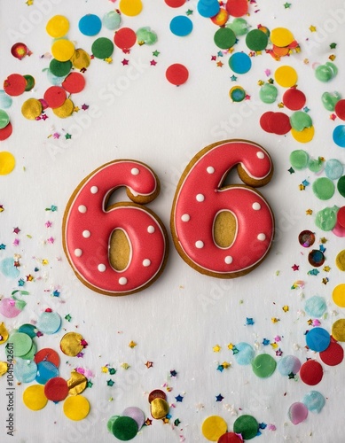 Decorated cookie, number 66, image for birthday or anniversary celebration